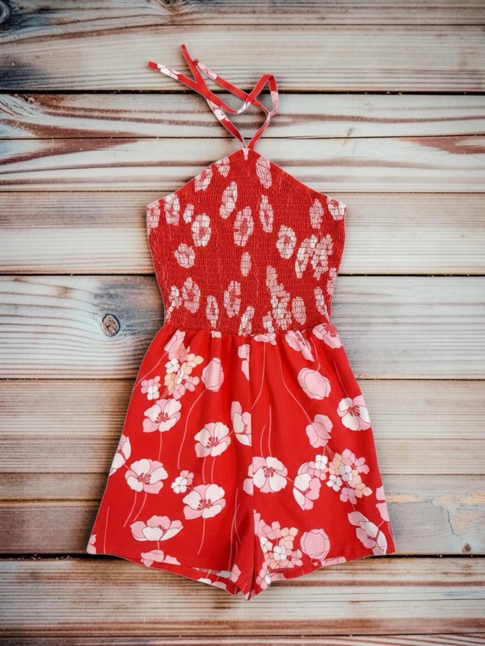 NWOT Lily Rose Junior’s XS Smocked Romper w/ Tie Neck Halter & Floral Print - Picture 2 of 12